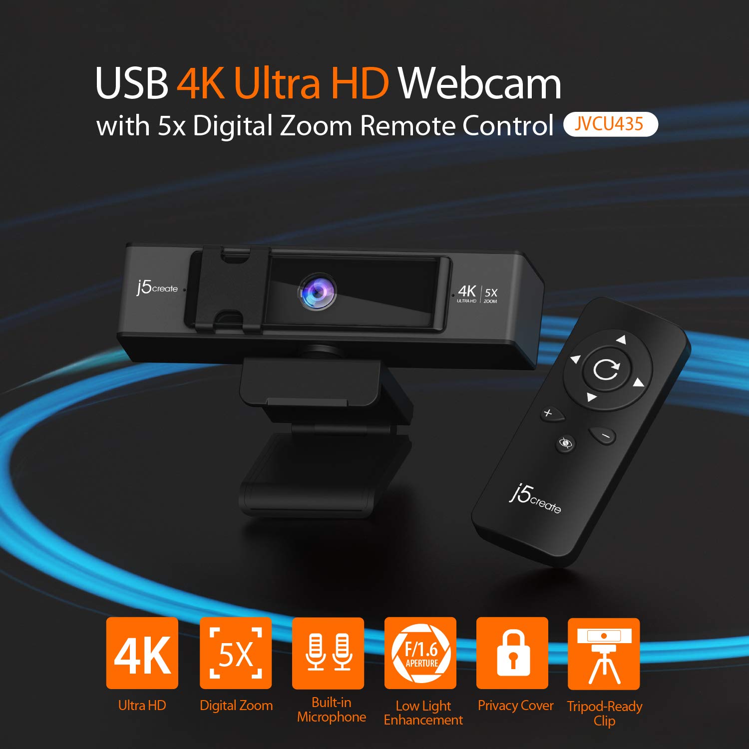 j5create Webcam 4K Ultra HD com zoom digital de 5x, privacidade